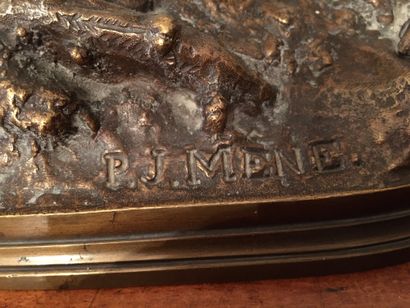 null Pierre-Jules MENE (1810-1879) Epagneul à l’affut Bronze à patine brun-clair...