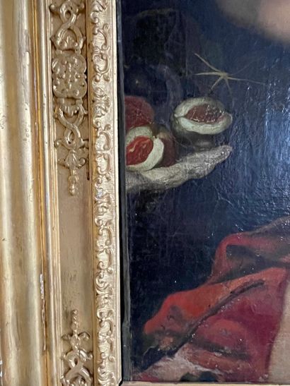 null ECOLE FLAMANDE du XVIIe siècle Putto assis près d'une coupe de fruits Toile...