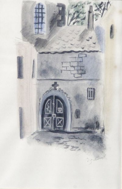 null ANDRÉ DIGNIMONT (1891-1965) L'entrée de l'église Aquarelle Signé en bas à droite...