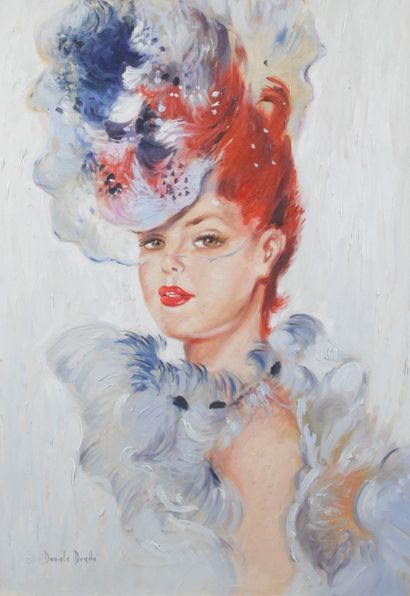 null DANIELE DORDET (XXth CENTURY) Elegant redhead with hat Oil on canvas Signed...