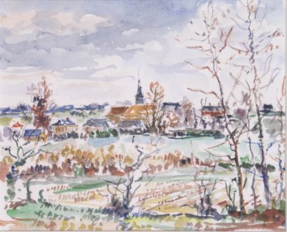 null ÉCOLE FRANCAISE DU XXÈME SIÈCLE Vue de village Aquarelle sur papier Signé en...