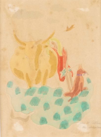 null LOUIS TOUCHAGUES (1893-1974) La vache, le renard et l'oiseau Aquarelle sur papier...