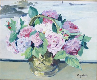 null RENÉE CARPENTIER-WINTZ (1913-2003) Bouquet de fleurs en Bretagne Huile sur toile...