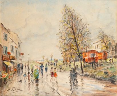 null ÉDOUARD FEBVRE (1885-1967) Montmartre, le maquis sous la pluie Watercolour and...