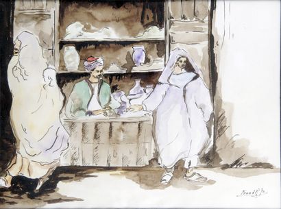 null MOROCCO SCHOOL OF THE 20th CENTURY Coffee scene Watercolour and India ink Signed...