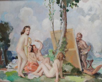 null MAURICE EHLINGER (1896-1981) The painter and his models Oil on canvas Signed...