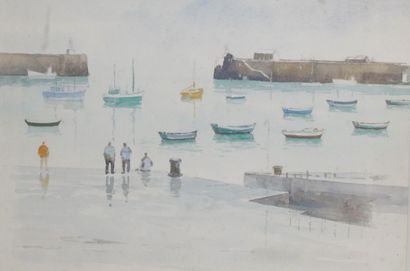 null MARC CHATAIGNER (1917-1985) Sailors facing the harbour Watercolour Signed lower...