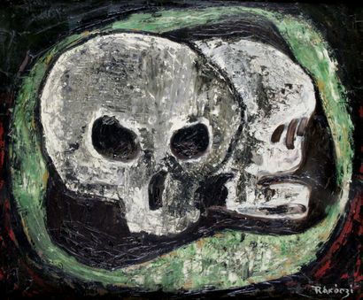 null BASIL RAKUCZI (1908-1972) Deux crânes, 1954 Huile sur carton Signé en bas à...