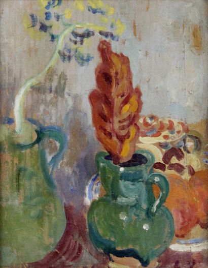 null LOUIS VALTAT (1869-1952) Still life with green pitcher Oil on paper mounted...
