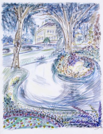 null LOUIS TOUCHAGUES (1893-1974) Public garden Watercolour on paper Signed lower...