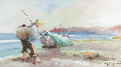 null JUAN MONFORT, SPANISH SCHOOL OF THE 20th CENTURY Fisherman on the beach Watercolour...