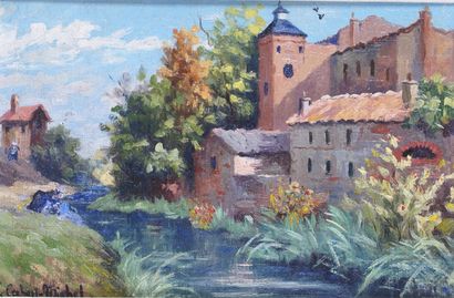 null LUCIEN CAHEN-MICHEL (1888-1979) Grand moulin en bord de rivière Huile sur panneau...
