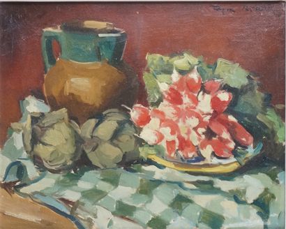 null ROGER BERTIN (1915-2003) Still Life with Radishes, Artichokes and Pitcher, 1944...