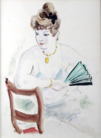 null ANDRÉ DIGNIMONT (1891-1965) Femme à l'éventail vert Aquarelle sur papier Signé...