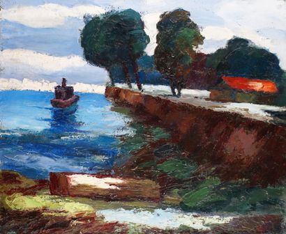 null ÉLEMER VAGH-WEINMANN (1906-) Boat near the coast Oil on canvas Signed lower...