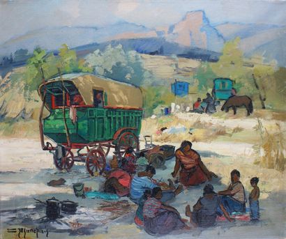 null EDOUARD PLANCHAIS (XXth CENTURY) Gypsies Oil on canvas Signed lower left 53...