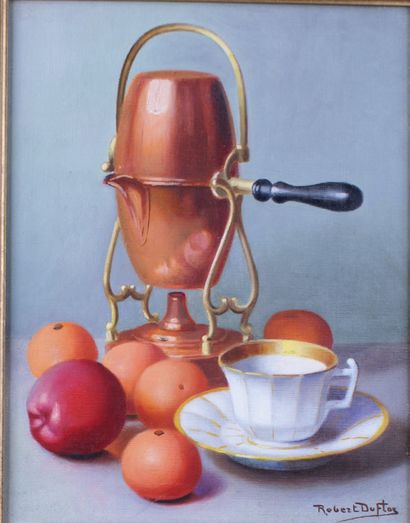 null ROBERT DUFLOS (1898-1929) Still life with Samovar, cup and fruits Oil on canvas...