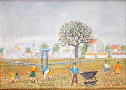 null RAYMOND VICTOIR (1905-1991) Les maraîchers à Croissy sur Seine Oil on canvas...