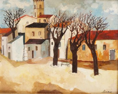 null RAYMOND PREAUX (1916-1997) Southern village with fortified tower Oil on panel...