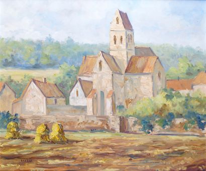 null JORDI AMOROS (1944-) The harvest near the church Oil on panel Signed lower left...
