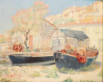 null GUSTAVE VIDAL (1895-1966) Bateau de pêche dans les calanques Huile sur toile...