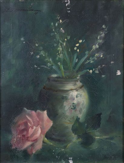 null SAMUEL EDMUND OPPENHEIM (1901-1992) Rose et vase de fleurs Huile sur toile Signé...