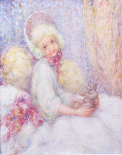 null LUCIEN BOULIER (1882-1963) Girl and her teddy bear Oil on canvas Signed lower...