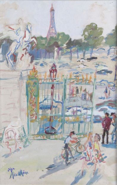 null OLGA MISCHKINE (1910-1985) Paris, le jardin des Tuileries Aquarelle Signé en...