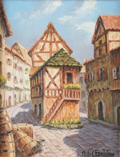 null ADRIEN DE CHANTELOUP (1907-1988) Sur la route des vins à Reguisheim Huile sur...