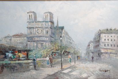 null LOUIS ANTHONY BURNETT (1907-1999) Paris, Notre-Dame et les bouquinistes Huile...