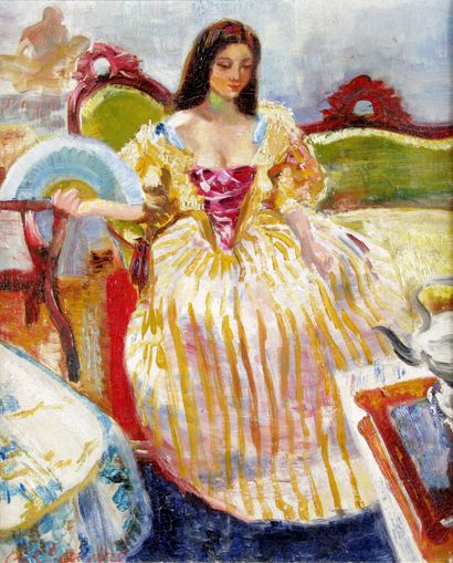null LOUIS BERTHOMME-SAINT-ANDRÉ (1905-1977) Woman in yellow dress with fan Oil on...