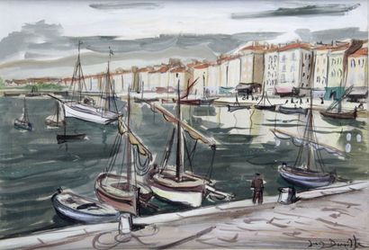 null JEAN DORVILLE (1902-1985) Les bateaux de pêche Aquarelle sur papier Signé en...