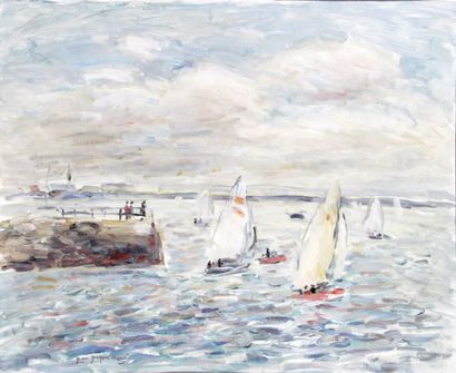 null JEAN-JACQUES RENE (1943-) Sailboats leaving the port Oil on canvas Signed lower...