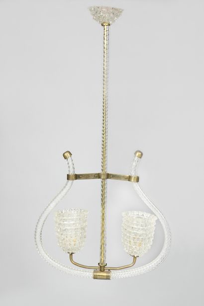 null WORK OF THE 1950's Murano Chandelier in lyre with twisted wire supporting two...