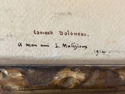 null Edouard DOIGNEAU (1865-1954) Chasse à courre près d'un étang Aquarelle signée...