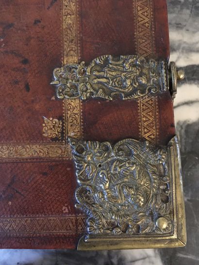  GERMAN BIBLE, leatherette binding, gilt bronze clasps and spandrels 45 x 32 cm (as...