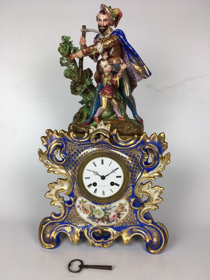  CHIMNEY GARNITURE in polychrome porcelain with blue background with enamelled decoration...