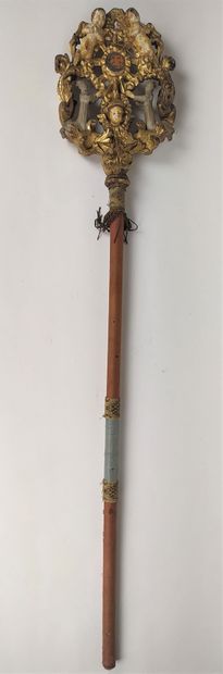 null PROCESSIONAL BATON in carved wood, polychrome and gilded, representing two penitents...