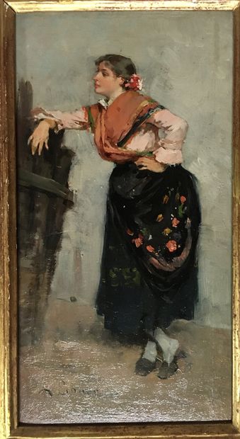 null Lajos DEAK-EBNER (1850-1934) Femme au châle Huile sur panneau Signée en bas...