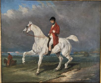  Dans le goût d'Alfred de DREUX Portrait d'homme à cheval Toile 54 x 65.5 cm Expert...
