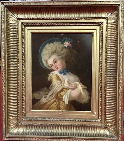 null ENGLISH SCHOOL of the 19th century Young girl with dove Oil on panel 32 x 28...