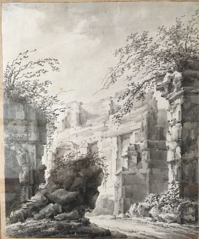 null Johann Christoph DIETZSCH (1710-1769), Attribué à Ruines à l'antique Lavis gris...