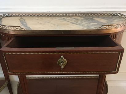 null Pair of mahogany half-moon shaped CONSOLES opening by a drawer in belt, resting...