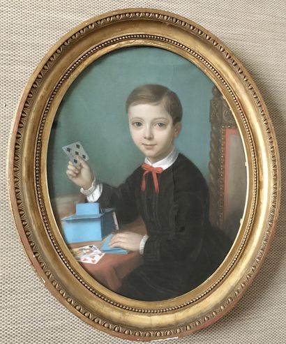 null A.CARLONI, vers 1866 Portrait de jeune garçon assis jouant avec des cartes Pastel...