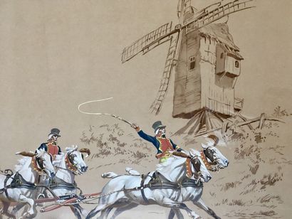 null DE MARCILLAC (XIX-XXe) La diligence et Poste aux chevaux Paire de gouaches 46...