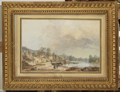 null Louis BÉLANGER (1736/56-1816) Villages animés près d'une rivière Paire d'aquarelles...