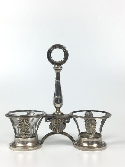 null PAIR OF DOUBLE SALERONS in silver openwork and chiselled with palmettes, the...
