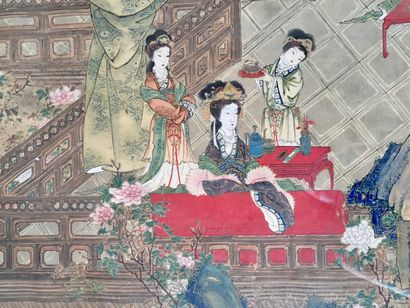 null CHINE Peinture sur soie encre et couleur représentant une scène de palais animée...