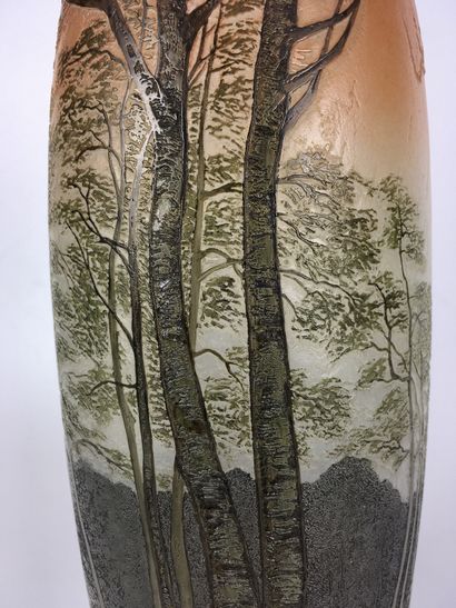  LEGRAS Vase en verre gravé à décor d'un paysage au lac. Signé dans le décor. Haut...