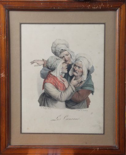 null After BOILLY The gossip and the reading of the will Two colour lithographs Pitchpin...